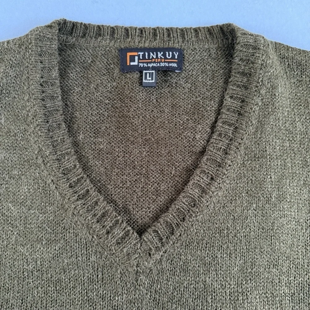 Tinkuy Peru Alpaca Wool Green Sleeveless V-Neck Mens Sweater Vest - Picture 4 of 4